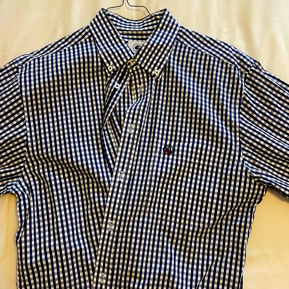 Southern proper medium blue checkered dress shirt. Always dry cleaned